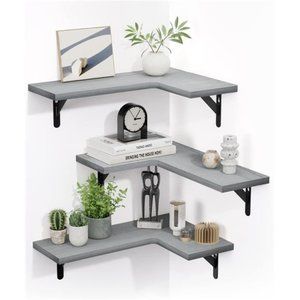 Corner Shelves Wall Mounted Set of 3, Rustic Paulownia Wood Wall Shelves